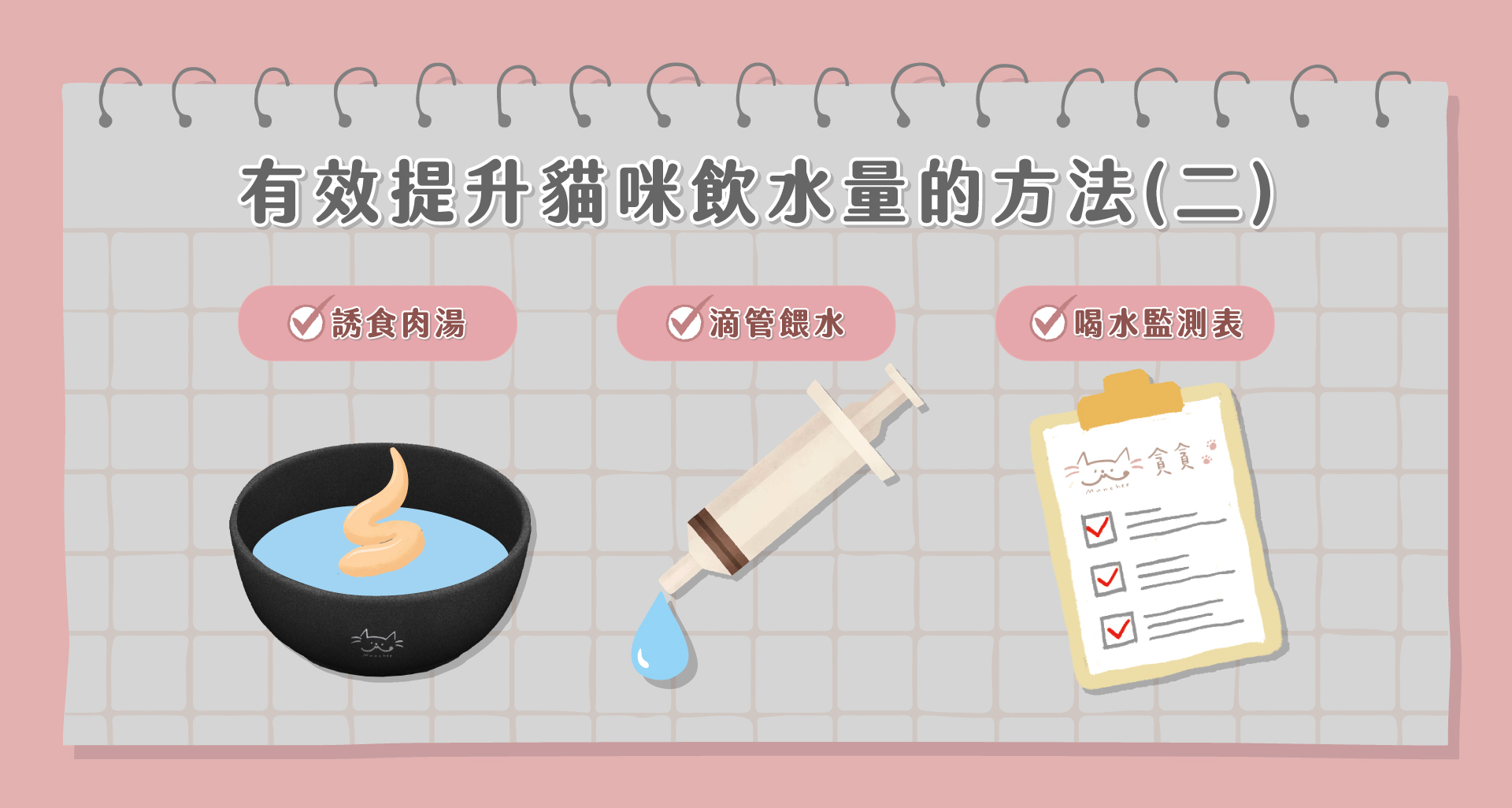 「有效提升貓咪飲水量的方法(二)」插圖,介紹三種補水技巧:添加誘食肉湯提升喝水意願、使用滴管餵水協助補水、以及透過喝水監測表記錄每日飲水量,幫助飼主維持貓咪良好水分攝取與健康。