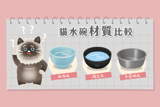 「2025貓水碗推薦：專業選購指南與材質全解析」示意圖，插畫貓咪困惑地看著三種不同材質的水碗：玻璃碗、陶瓷碗與不鏽鋼碗，用於比較各材質的優缺點與適合貓咪的選擇。