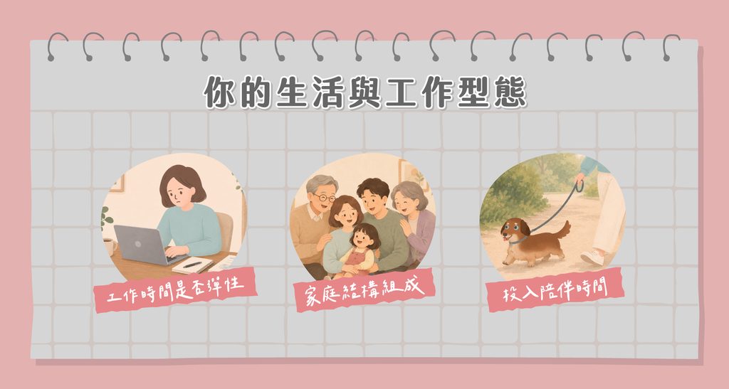 養貓還養狗的生活形態不一樣,你的工作型態,居住環境:你住在哪裡、住什麼樣的空間?家庭結構的組成與投入陪伴時間。